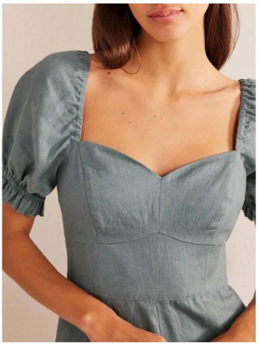 Boden linen sweetheart neck midi dress puff sleeve prairie cottagecore 16 - Picture 2 of 13
